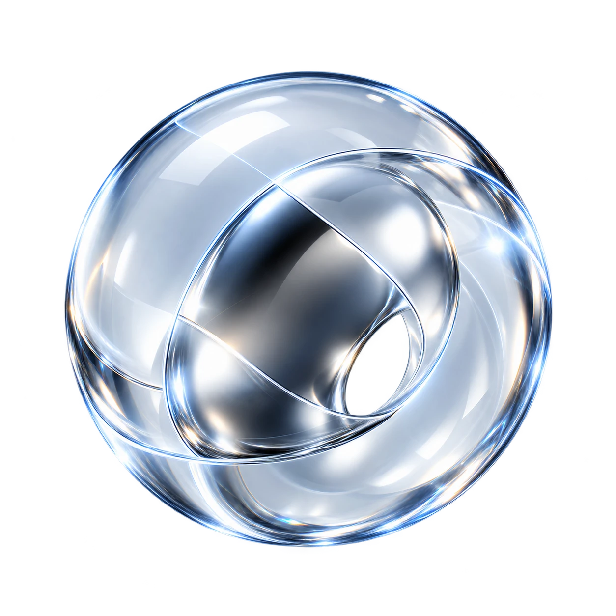 Clear glass orb with a curved chrome core and icy highlights