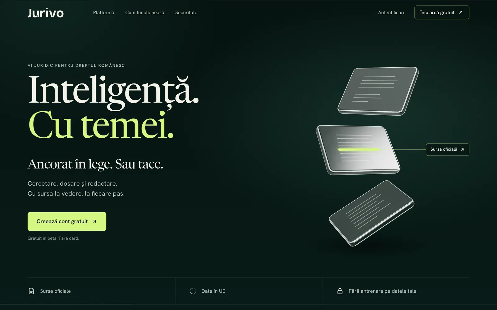 Jurivo home page: “Intelligence. With grounds.” — AI for Romanian law