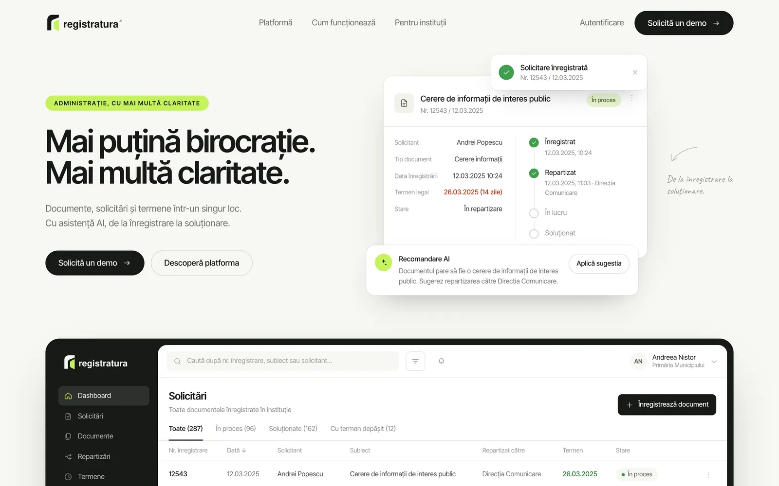 Registratura.ai: a registered request with its legal deadline and an AI routing suggestion